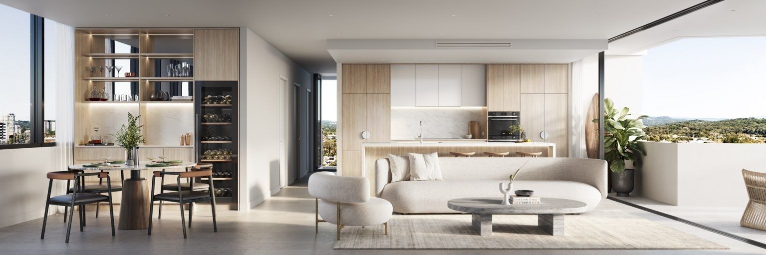 A Living Room With A Couch, Table, Chairs And A Balcony — Harrison Development Group In Surfers Paradise, QLD