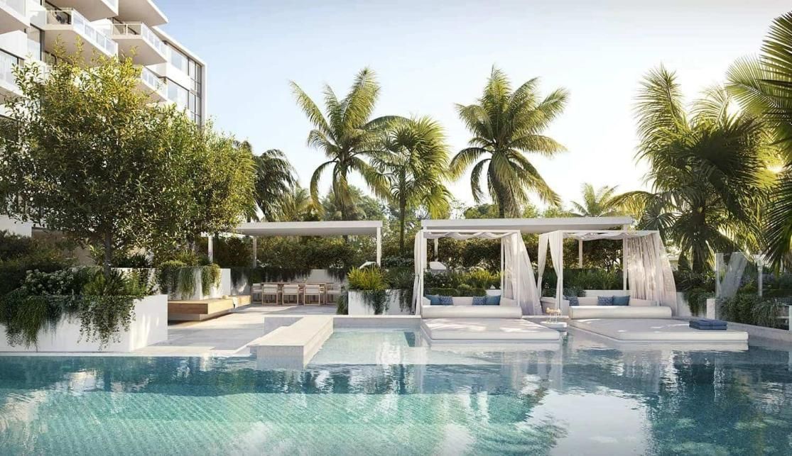 A Large Swimming Pool Surrounded By Palm Trees — Harrison Development Group In Surfers Paradise, QLD