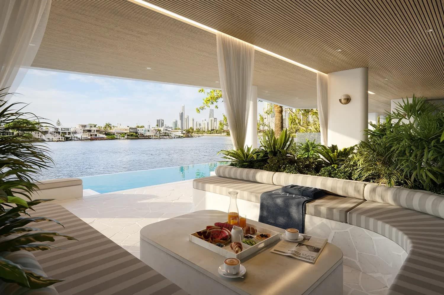 There Is A Table With A Tray Of Food On It In The Middle Of The Room — Harrison Development Group In Surfers Paradise, QLD