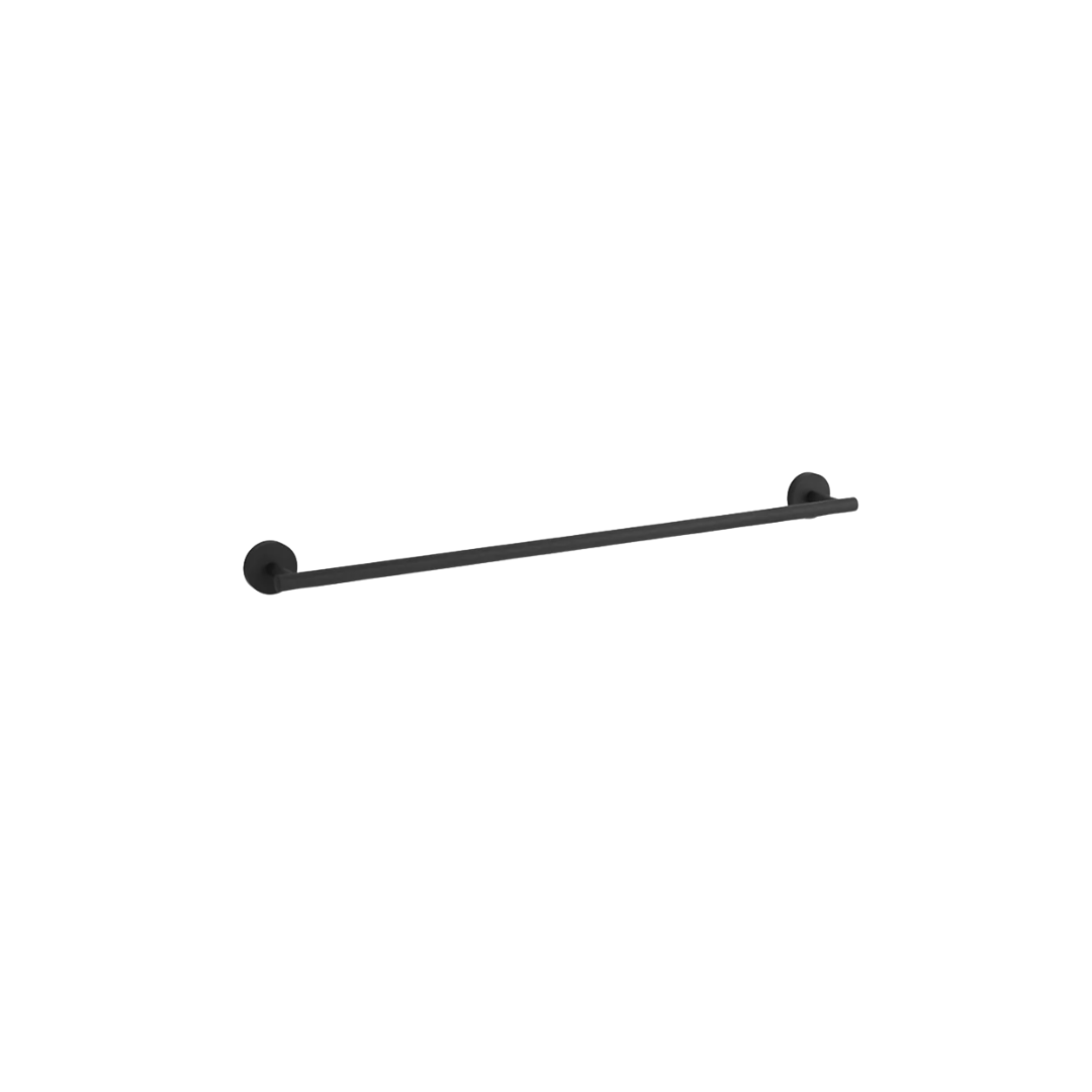 Black metal towel bar against a white background.