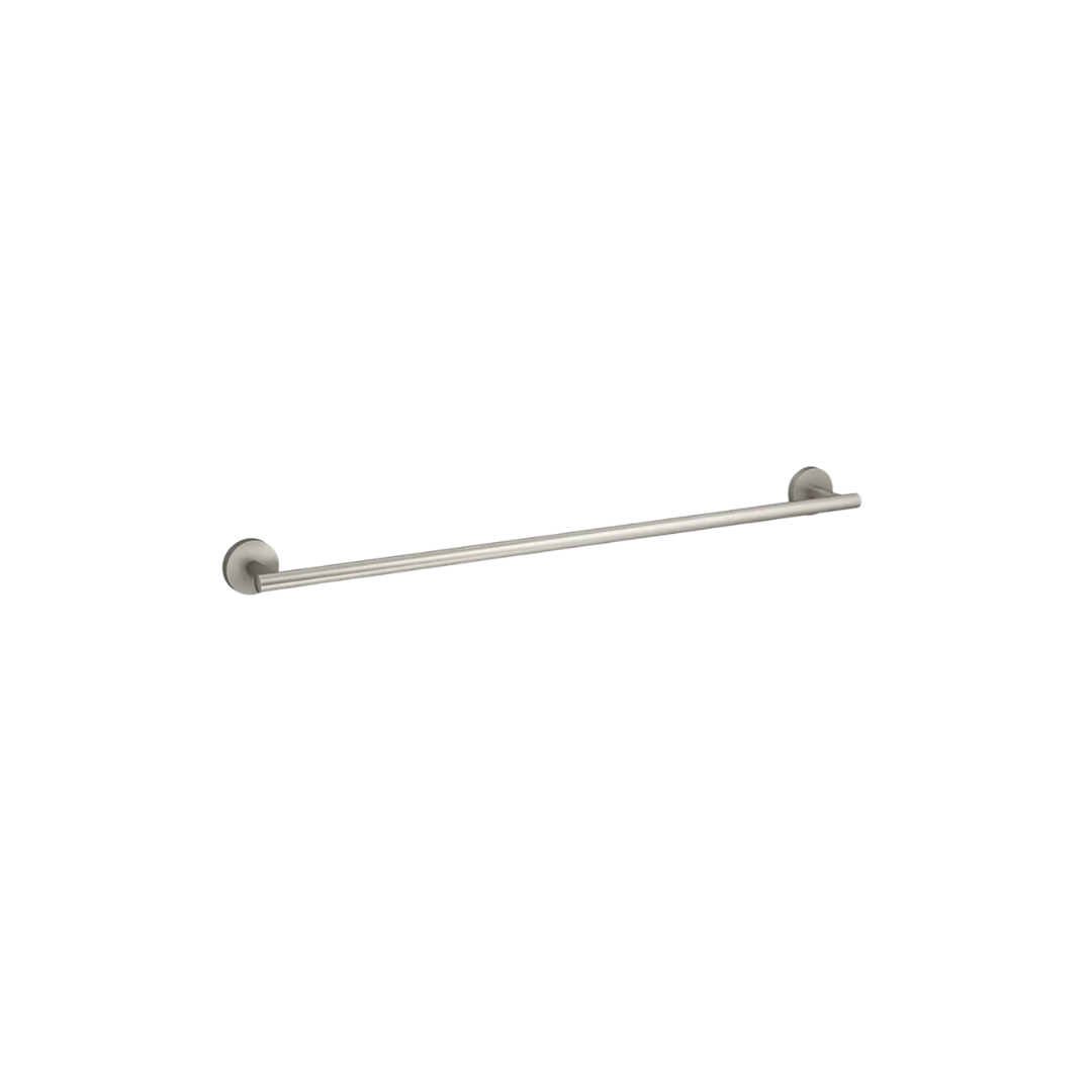 Brushed nickel towel bar mounted on a white wall.