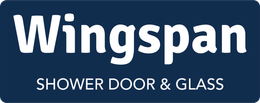 The wingspan shower door and glass logo is on a blue background.