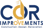 The logo for cor improvements construction design renovation is blue and yellow.