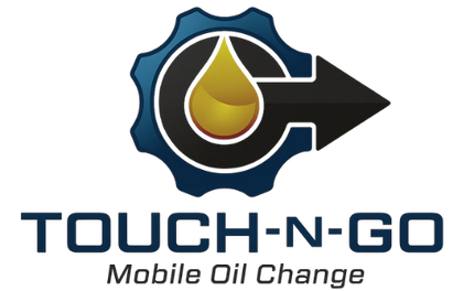 Logo for Touch-N-Go Mobile Oil Change: Gear and oil drop graphic with a black arrow; text 