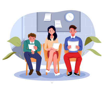 A group of people are sitting in chairs waiting for a job interview.