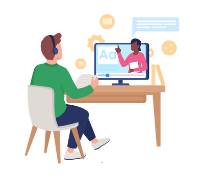 A man is sitting at a desk watching a video on a computer.