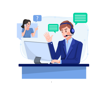A man wearing a headset is sitting in front of a computer talking to a woman.