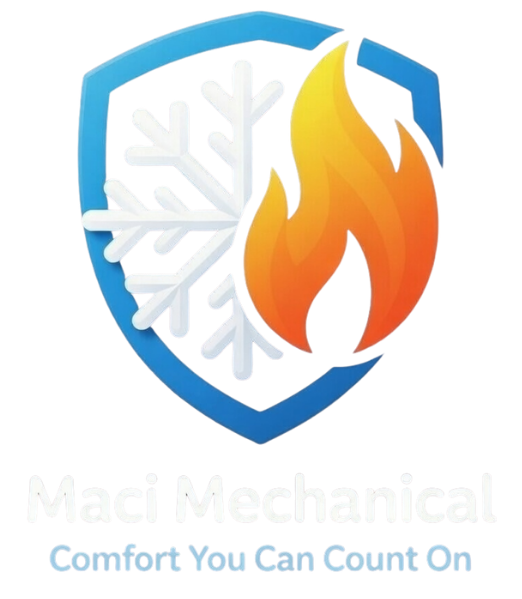Logo for Maci Mechanical. A fan with blue blades and a red wave shape within a black-bordered circle; below, the company name