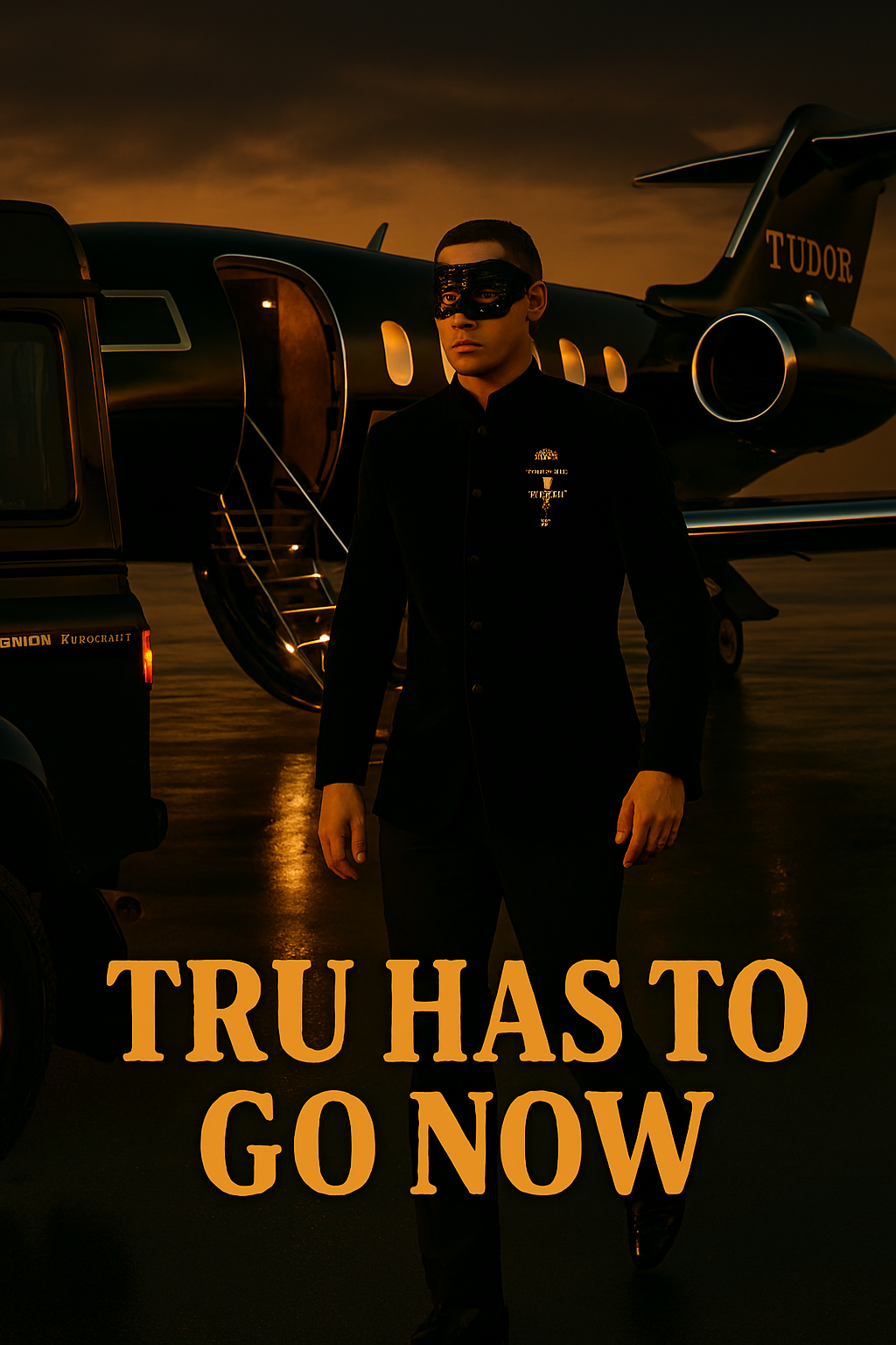 Man in mask and black suit, standing on tarmac in front of a jet and limo; the title