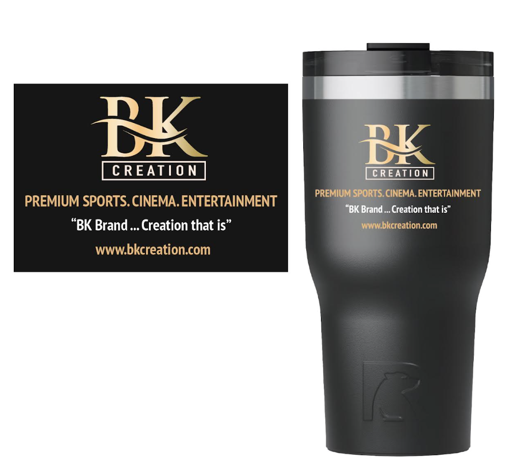 A black tumbler with a bk creation logo on it