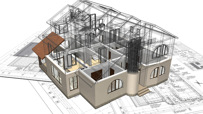 A 3D architectural model of a house superimposed over detailed floor plan blueprints.