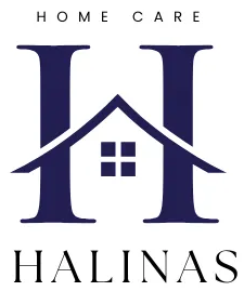 Navy blue "H" shaped house logo with the text "HOME CARE" above and "HALINAS" below.