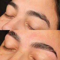 Two close-up views of eyebrows; before and after grooming, showing a lifted, full effect.