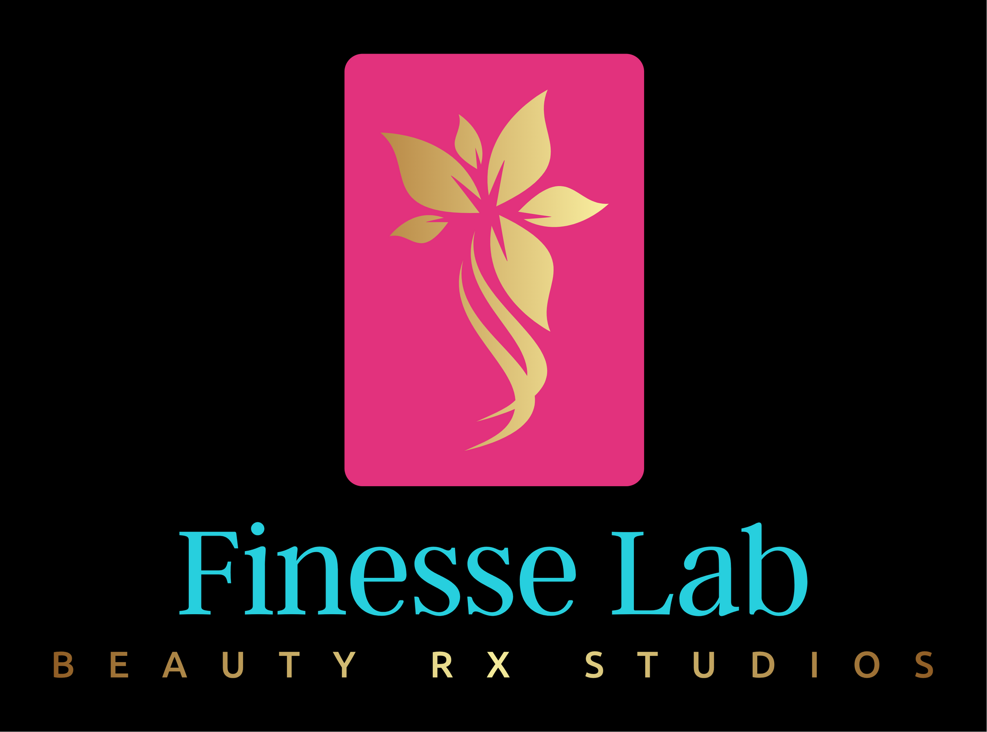Finesse Lab logo: Gold floral design on pink rectangle, teal text 