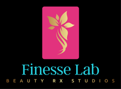 Finesse Lab logo: Gold floral design on pink rectangle, teal text 