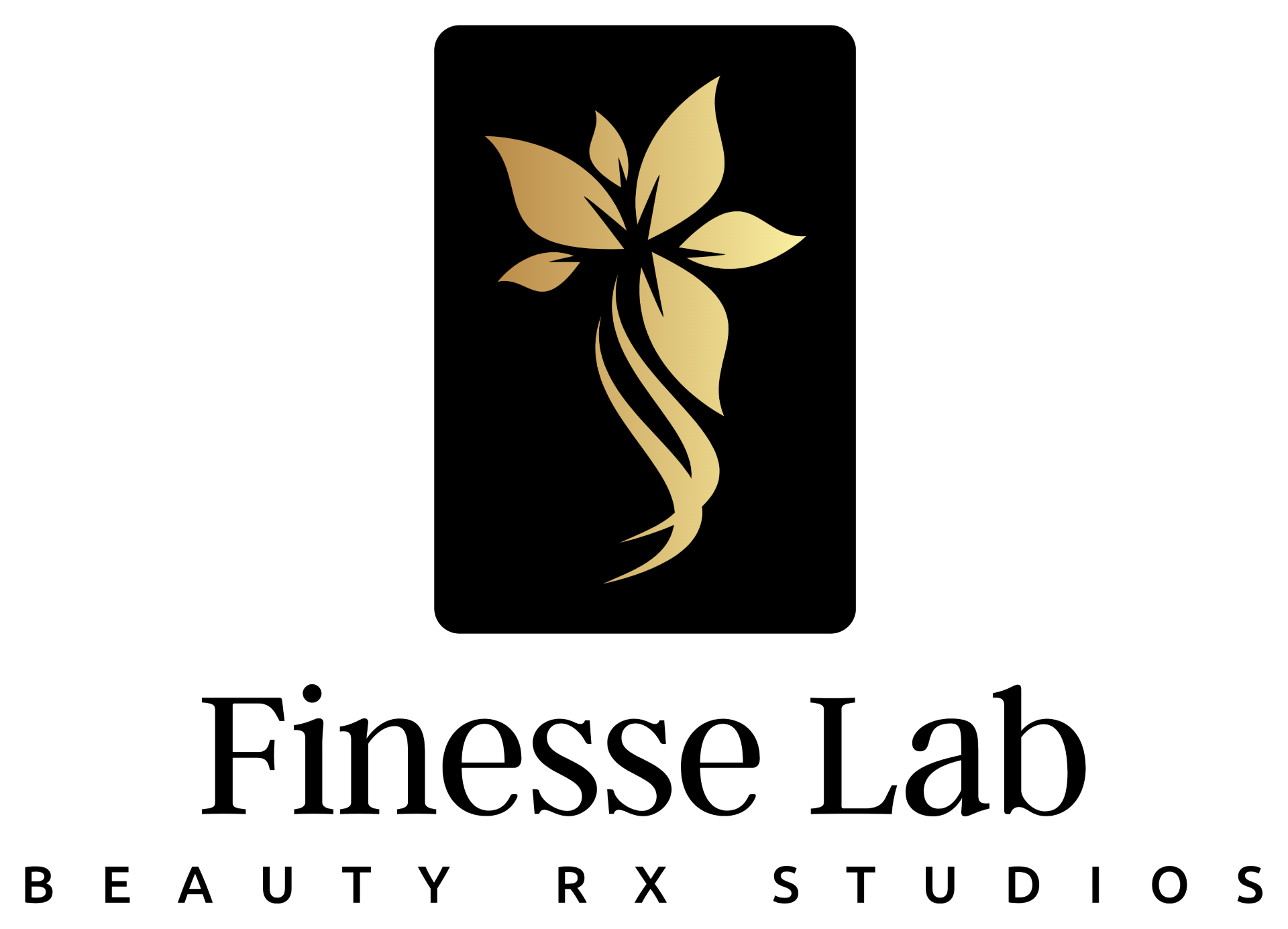 Logo for Finesse Lab: Gold flower design on a black rectangle, with text 
