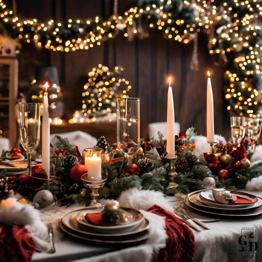 Christmas dinner table setting with candles, ornaments, and garland.
