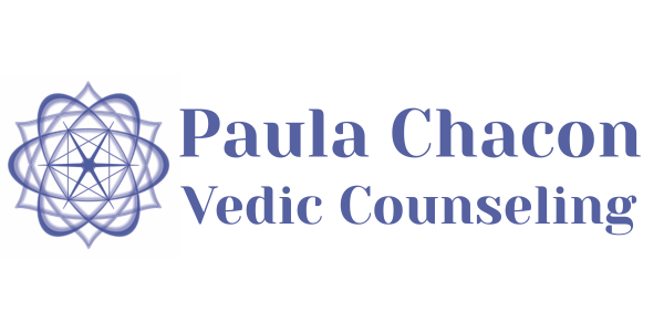 Logo for Paula Chacon Vedic Counseling; blue text with a geometric design.