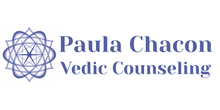 Logo for Paula Chacon Vedic Counseling; blue text with a geometric design.