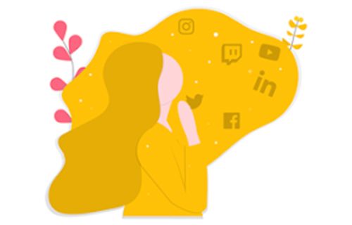 A woman 's head is surrounded by social media icons.