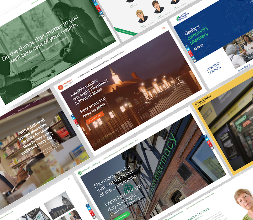 A collage of various images including a pharmacy and a man.