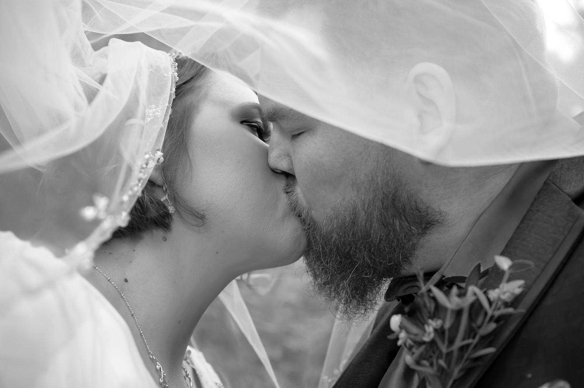 A bride and groom are kissing under a veil.