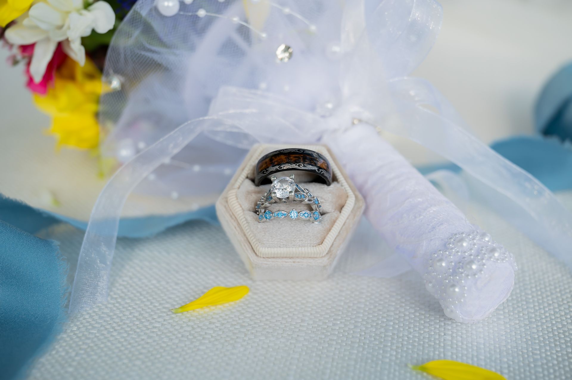 A close up of a wedding ring in a box on a table.