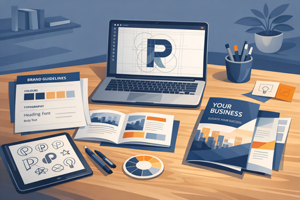 Branding mockups on a desk: laptop, stationery, business cards, brochure, and color palette in blue tones