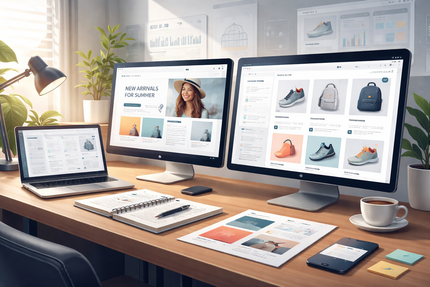 Desktop workspace with multiple monitors showing website mockups, laptop, keyboard, and coffee cup on a desk