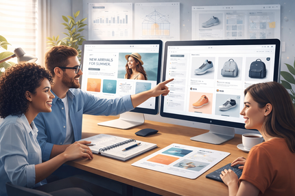 Three coworkers review product designs on dual monitors in a bright office meeting room.