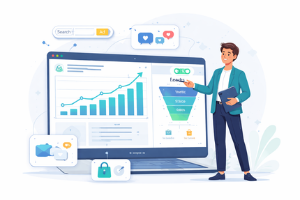 Analytics dashboard with rising chart and a person presenting beside a laptop screen