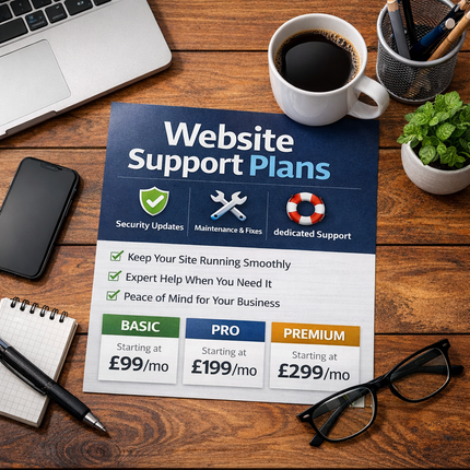 Website support plans flyer on a desk, showing Basic, Pro, and Premium pricing.