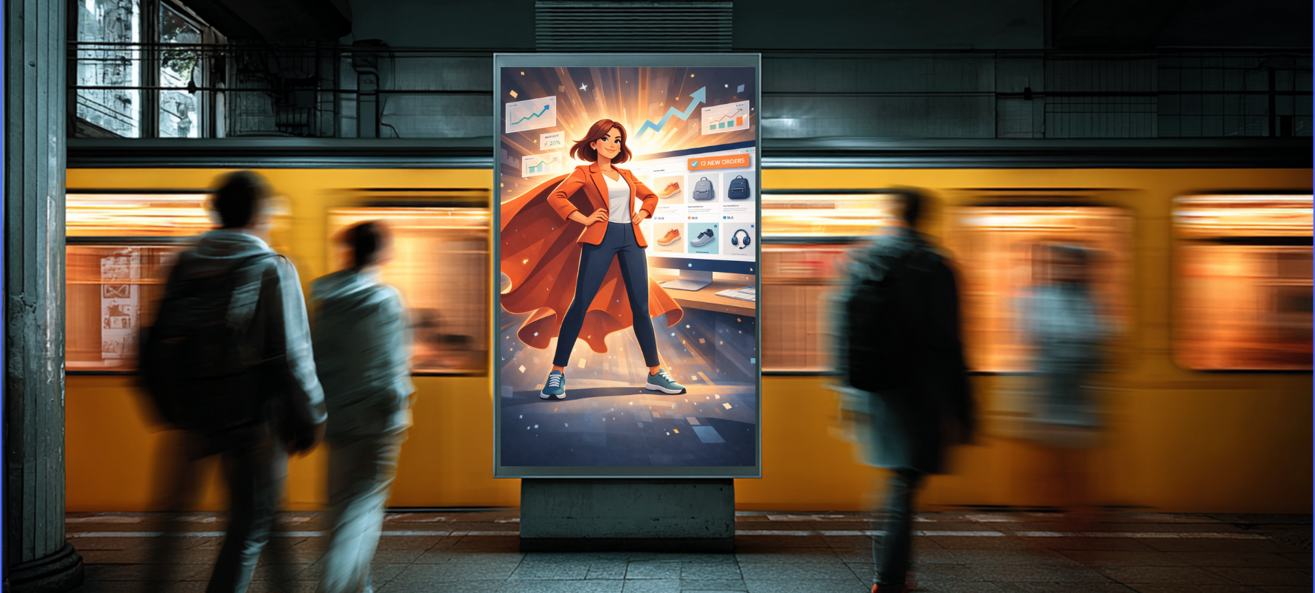 Blurred commuters pass a subway ad showing a red-clad woman in an action pose at night.
