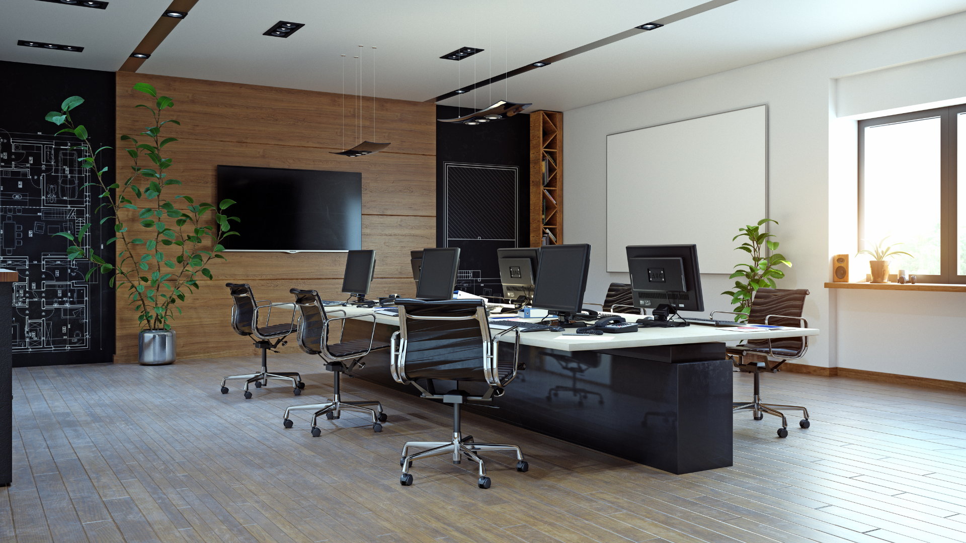 An office with a lot of desks and chairs and a flat screen tv.