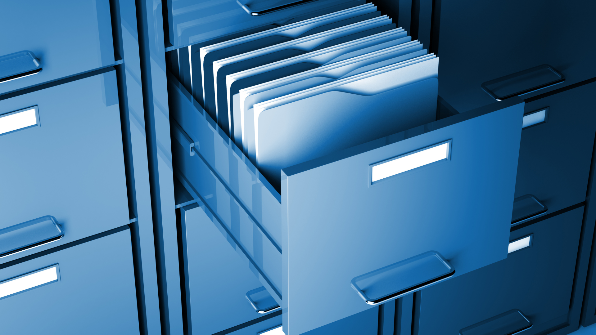 A blue filing cabinet with a drawer open filled with folders