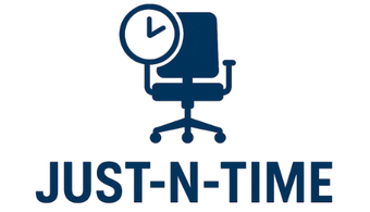 The logo for just-n-time shows an office chair and a clock.