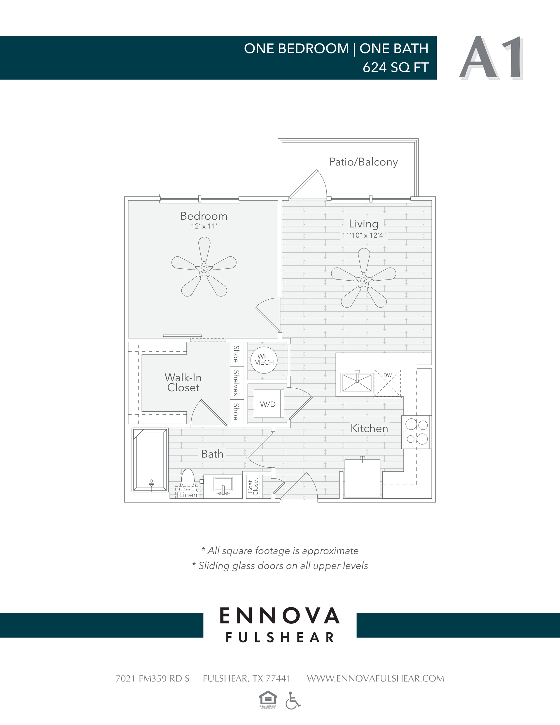 Floor plan of a one-bedroom, one-bath apartment labeled A1. Includes dimensions of rooms and appliances.