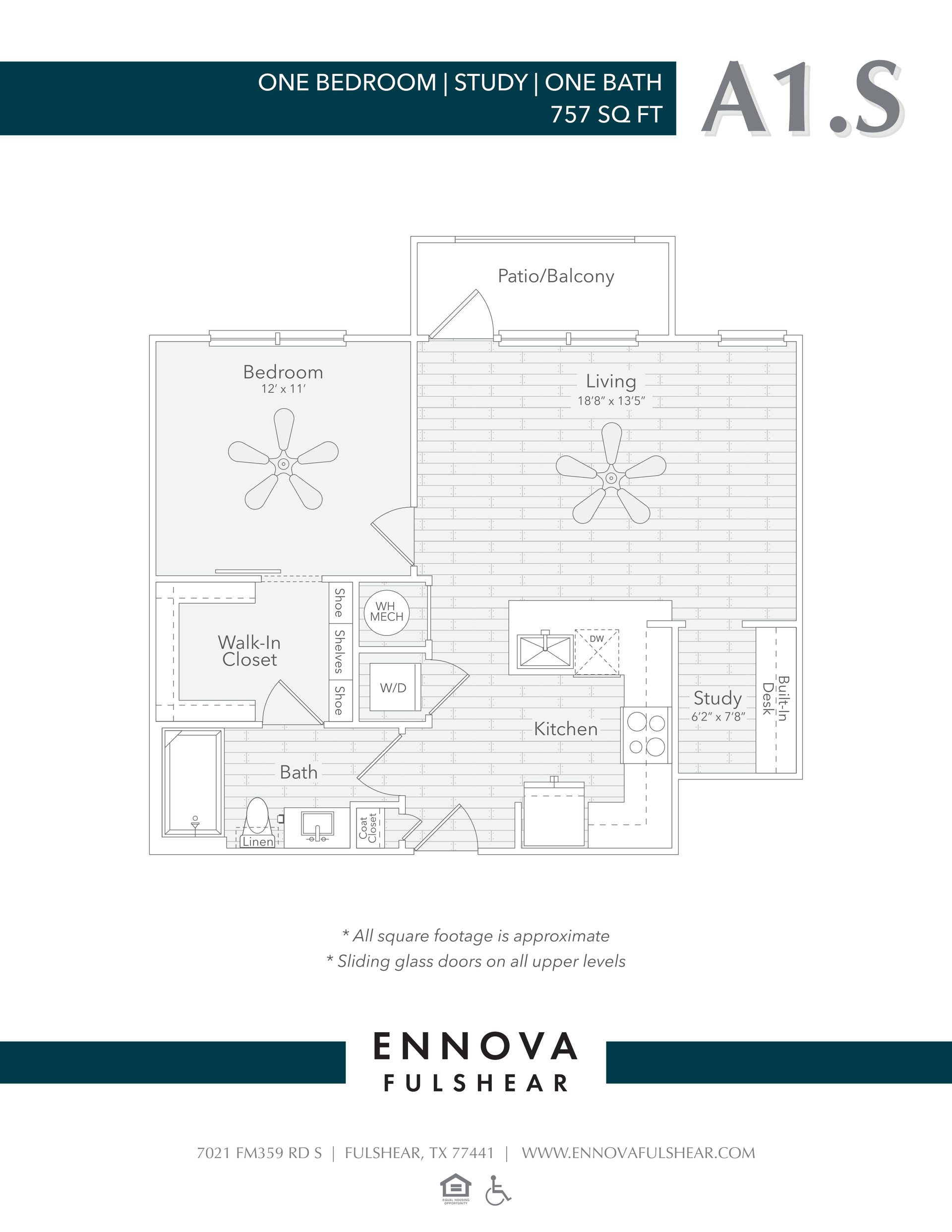 Floor plan of a one-bedroom apartment with kitchen, bathroom, living area, and bedroom, labeled A1.S.