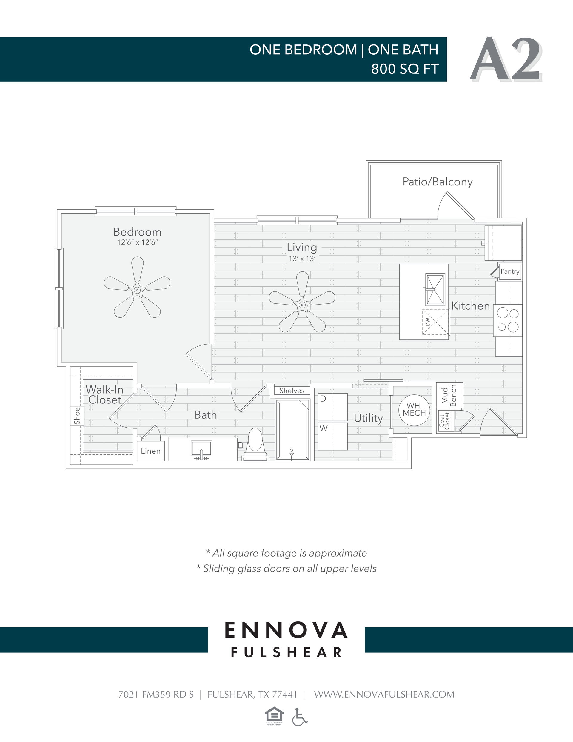 Floor plan of a one-bedroom apartment labeled A2. Includes the living room, kitchen, bedroom, bathroom, and balcony.
