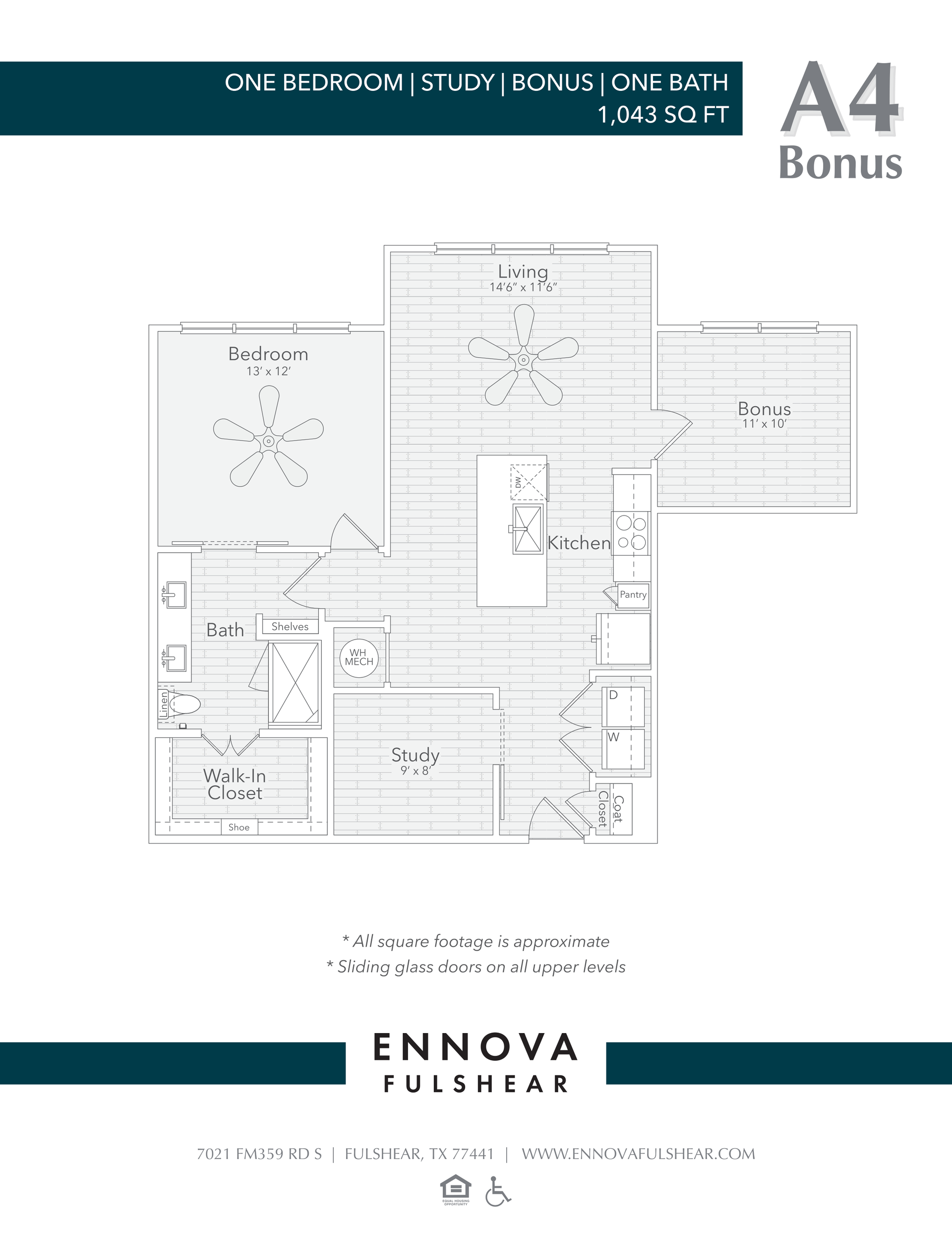 Floor plan for a one-bedroom apartment with a bonus room, layout includes kitchen, bedroom, and bathroom.