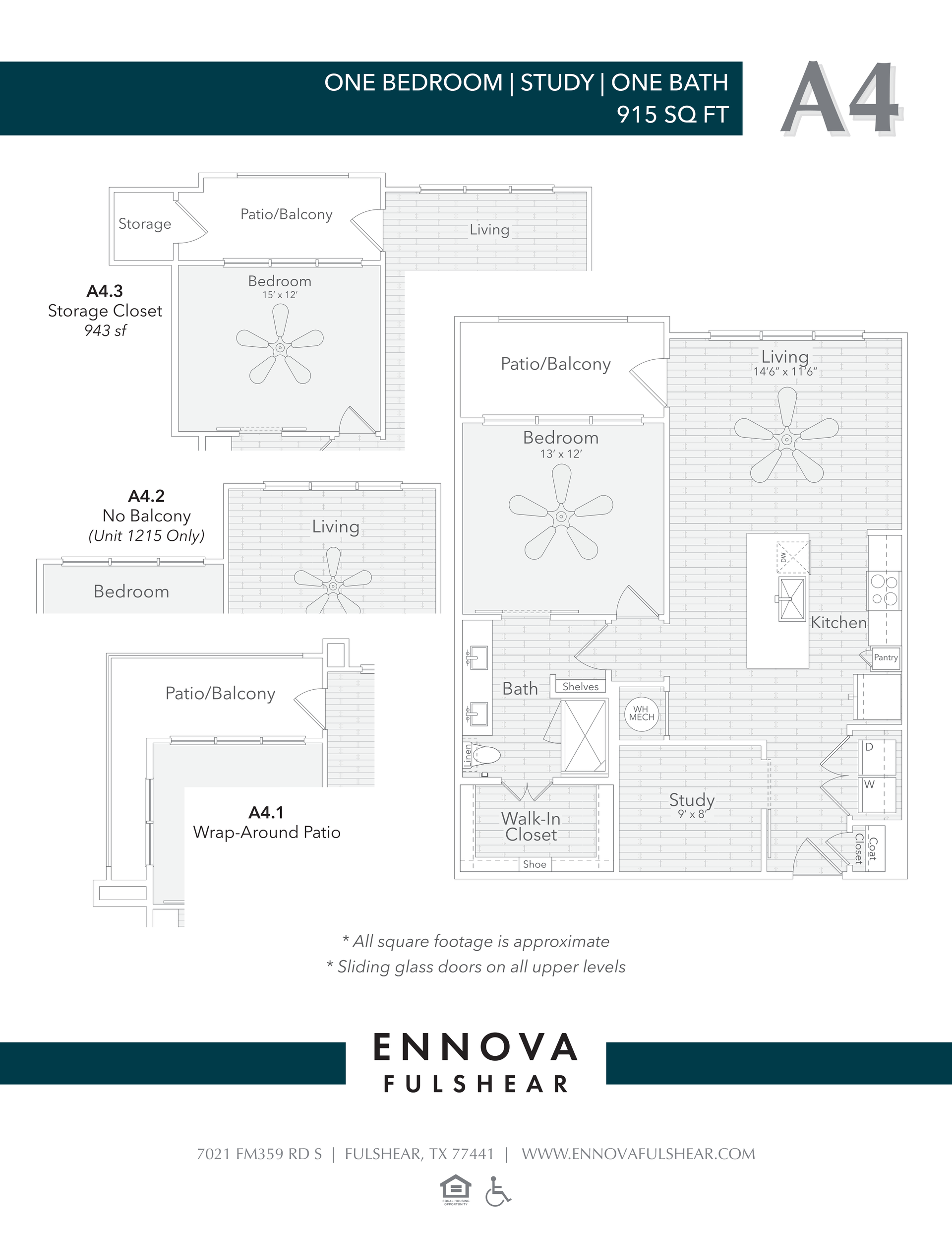 Floor plan diagram for a one-bedroom, one-bath unit labeled A4 with dimensions, features, and an Ennova Fulshear logo.
