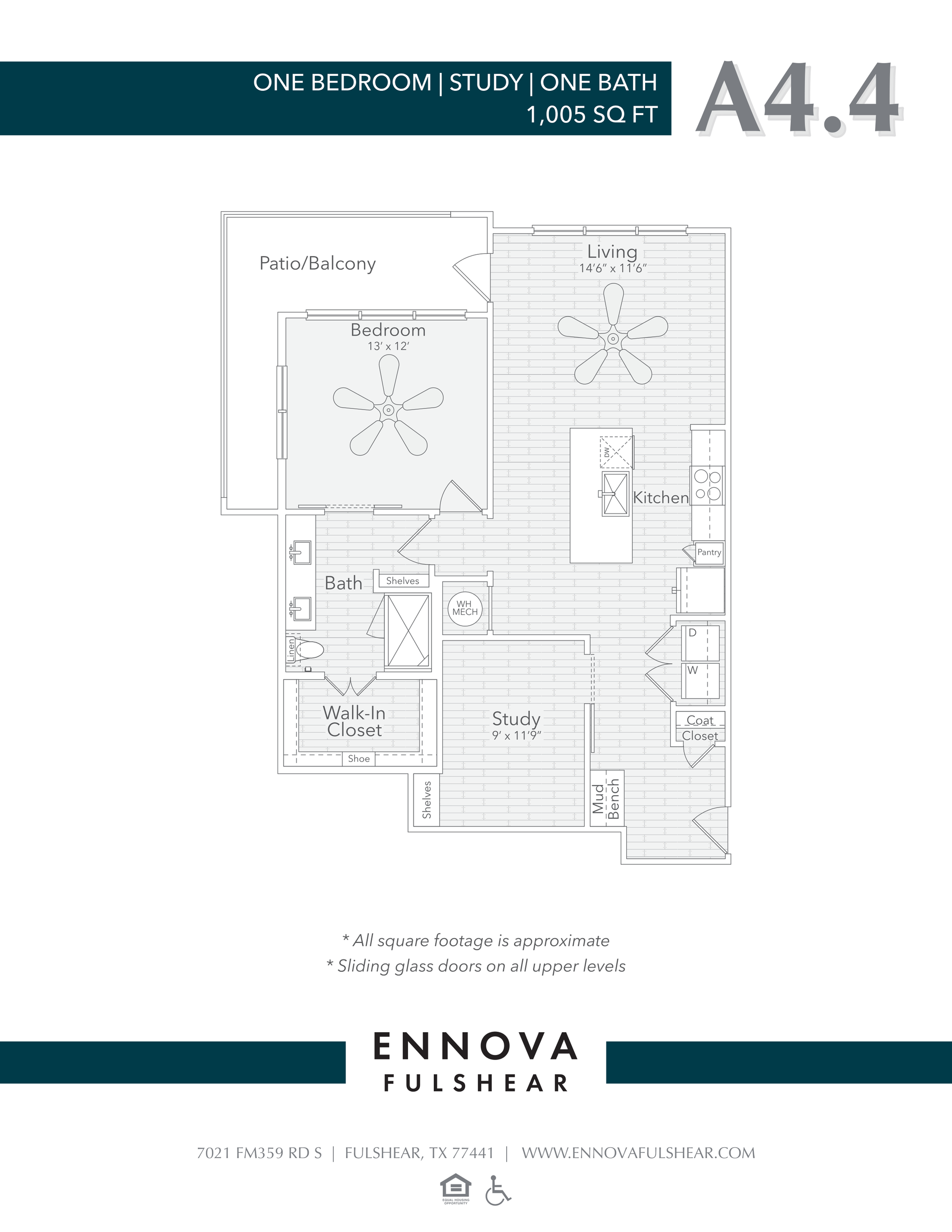 Floor plan of a one-bedroom apartment labeled A4.4, with living, dining, and bedroom areas.