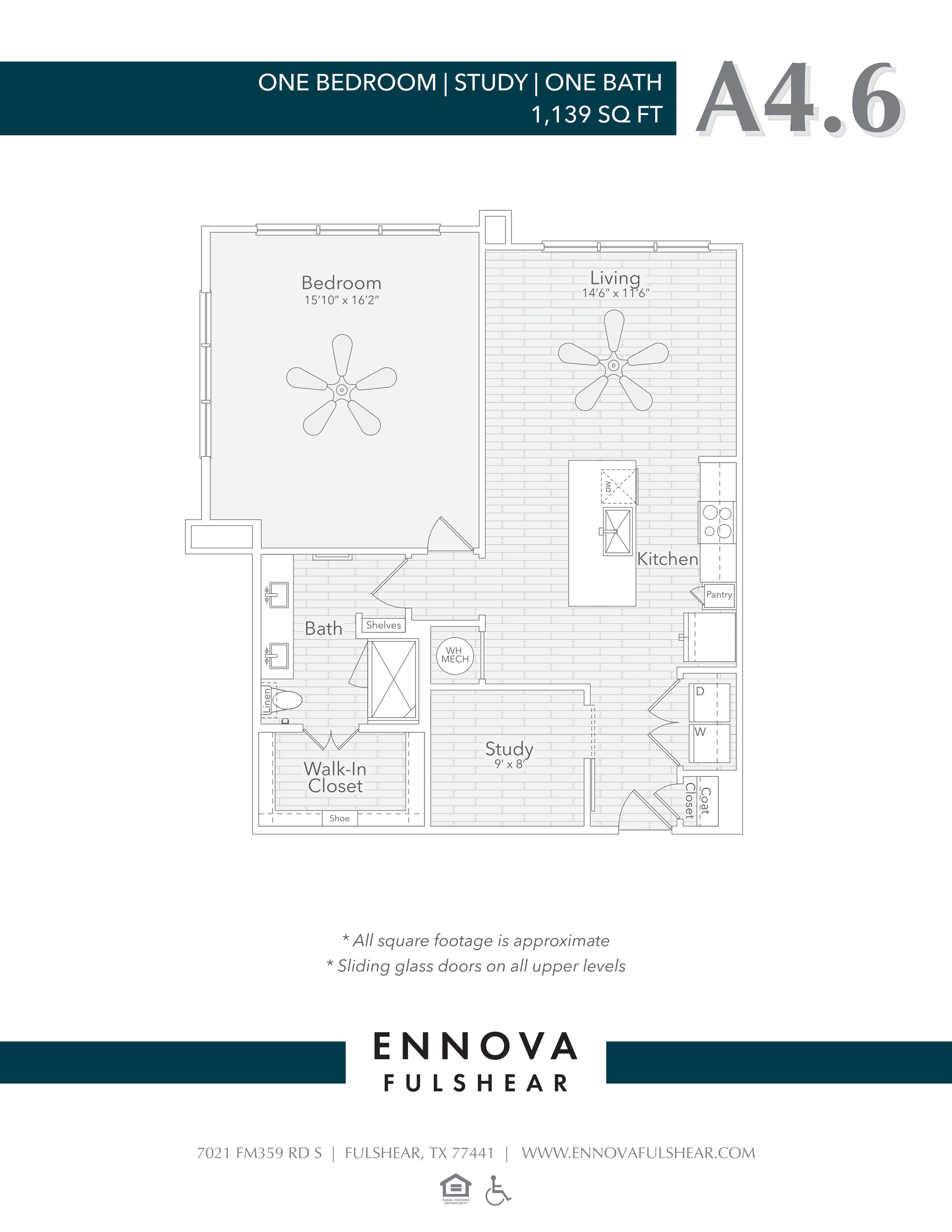 Floor plan for a one-bedroom apartment with a living area, bedroom, and bathroom.