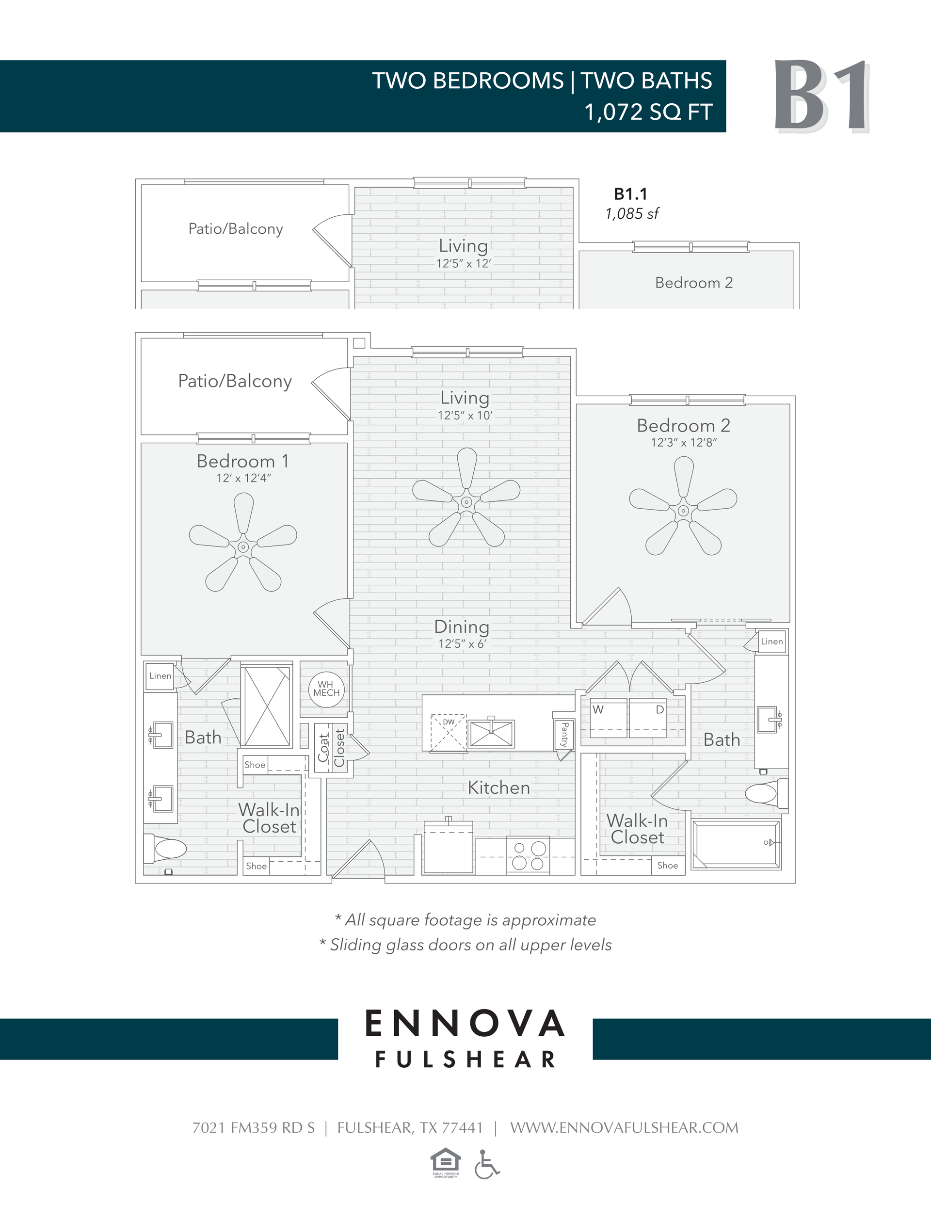 Floor plan layout of a two-bedroom, two-bath unit labeled B1.
