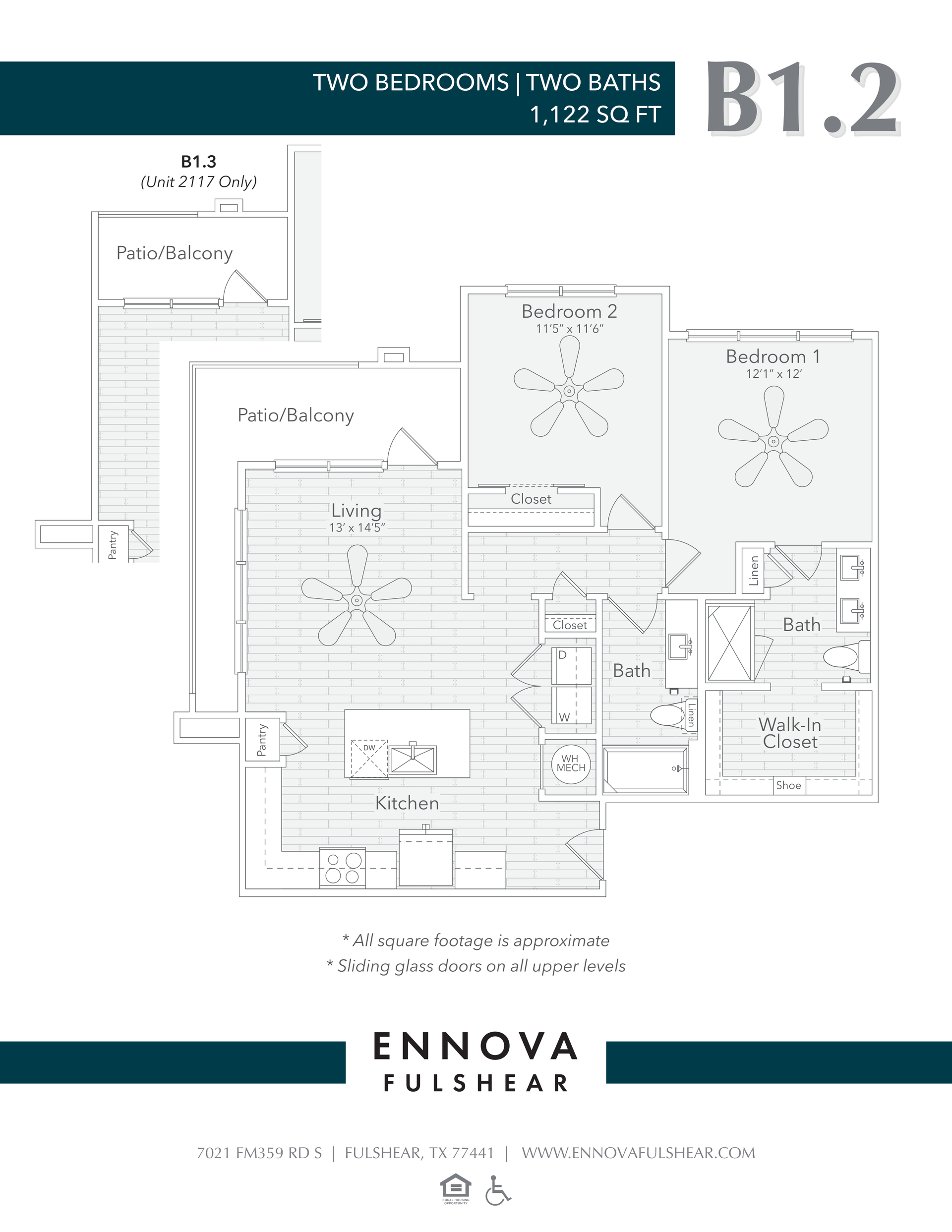 Floor plan for a two-bedroom apartment, labeled B1.2, showing bedrooms, kitchen, living room, and bathrooms.