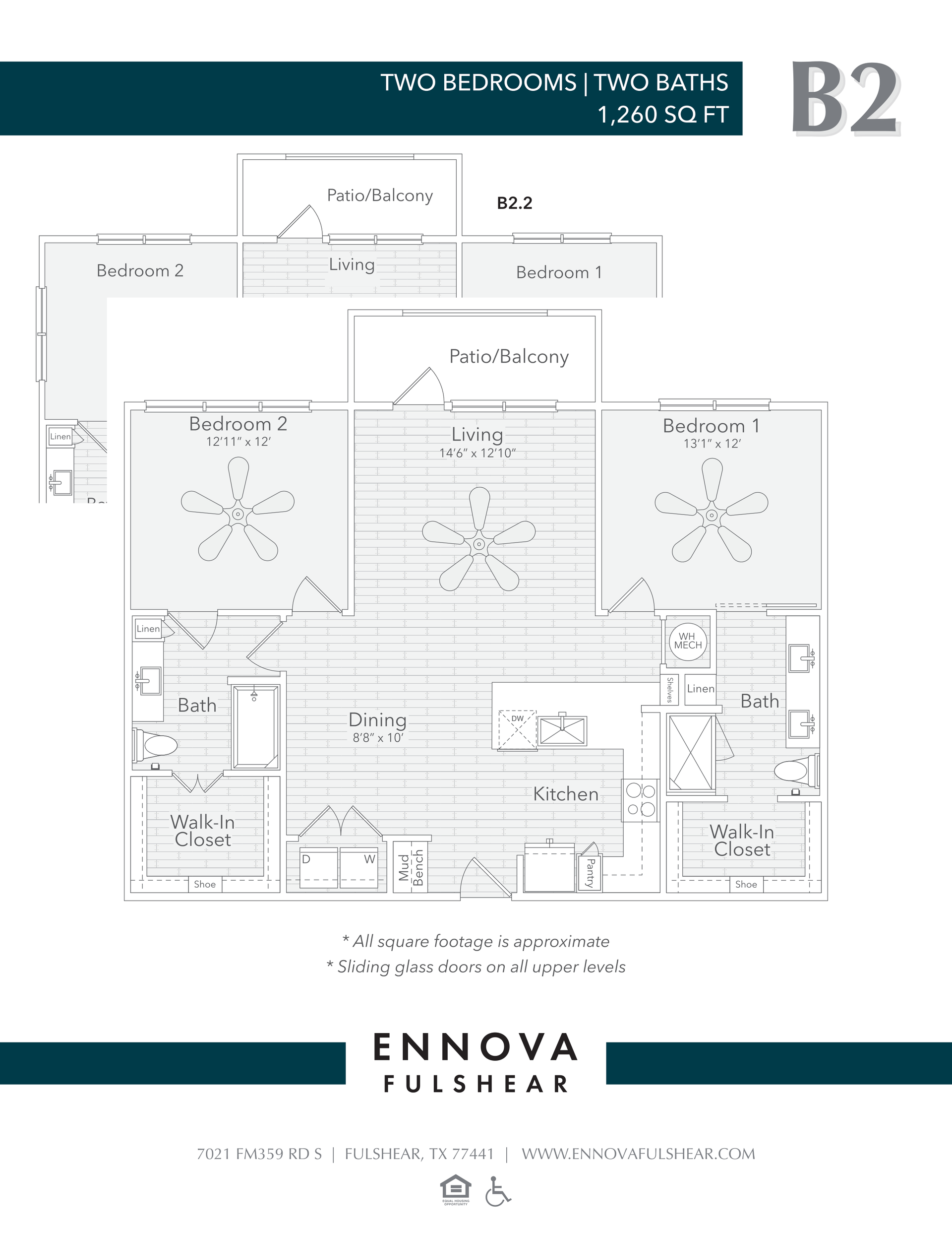 Floor plan for a two-bedroom apartment, labeled B2, featuring bedrooms, bathrooms, and a balcony.