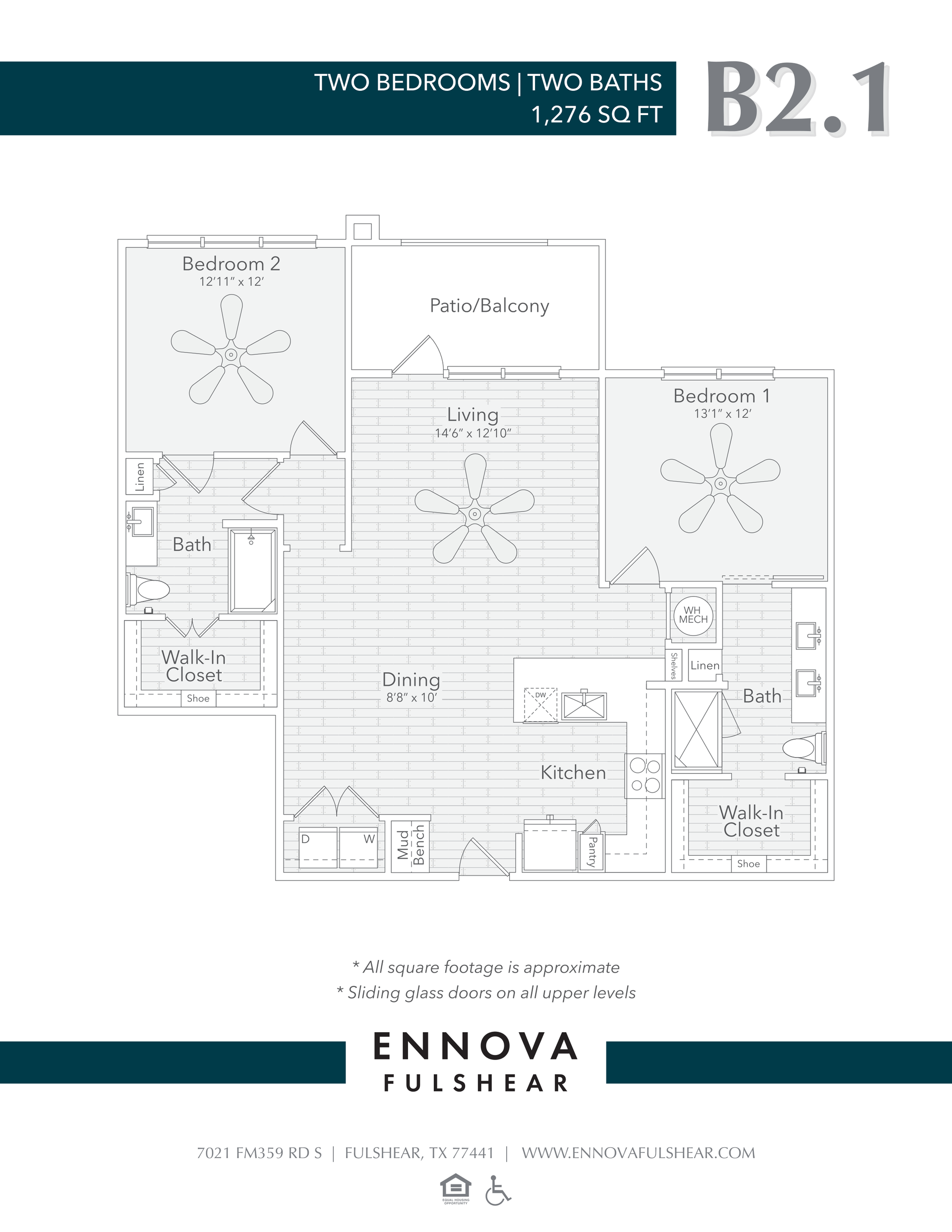 Floor plan of a 2-bedroom apartment labeled B2.1 with a kitchen, living area, two bedrooms, and a bathroom.