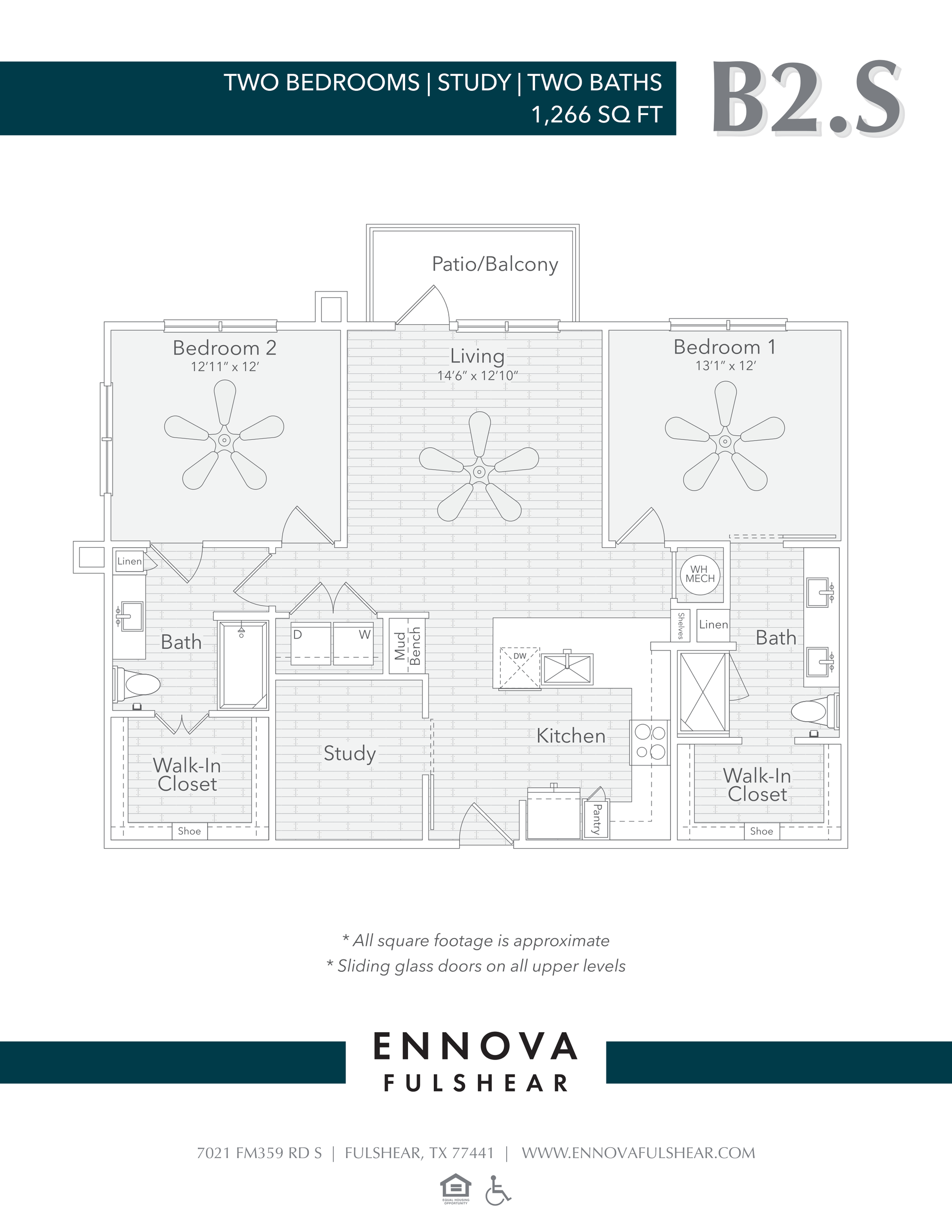 Floor plan of a two-bedroom, two-bath apartment with living room, kitchen, and balcony.