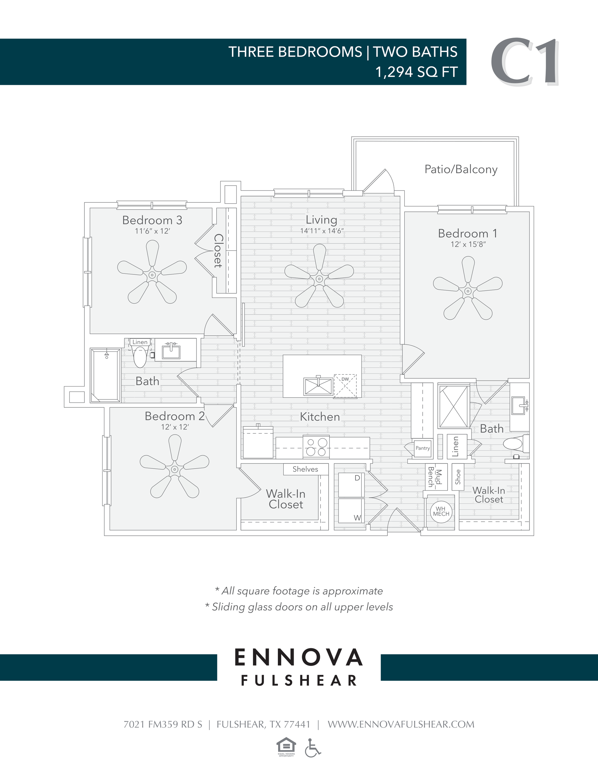 Floor plan labeled C1, showing three bedrooms, two baths, kitchen, and living room layout.