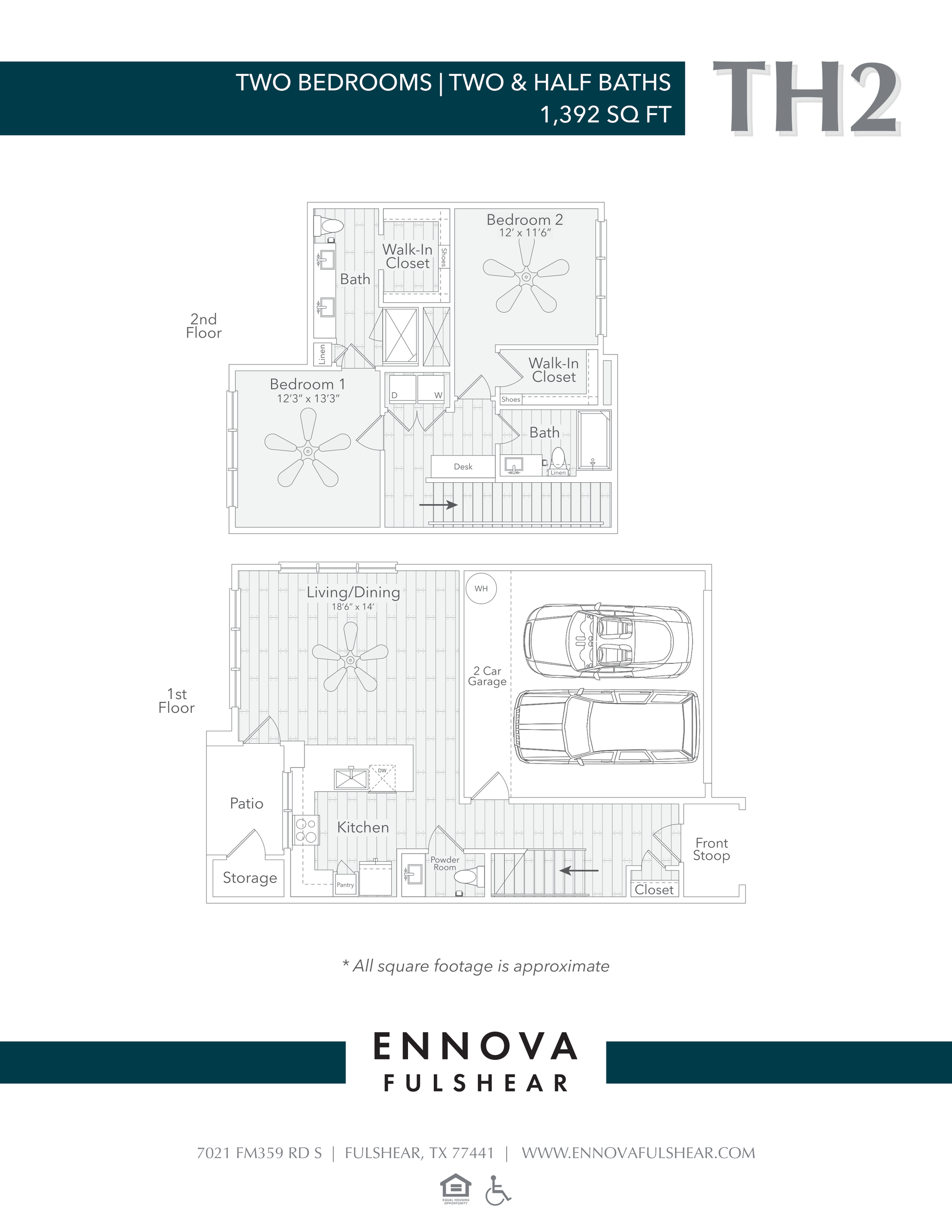Two-story floor plan for a townhouse, labeled TH2. Includes bedrooms, bathrooms, kitchen, and living area layouts.